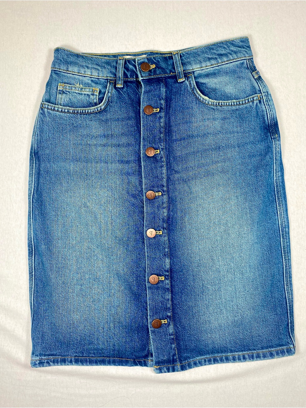Pilcro Women’s 6 Blue Solid Denim Button Front Pencil Knee Skirt Pockets